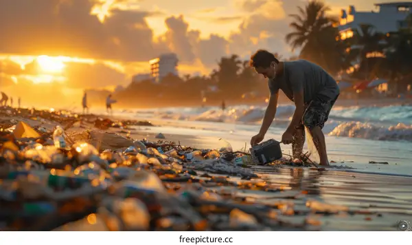 A shirtless man picking up trash on a beach at sunset