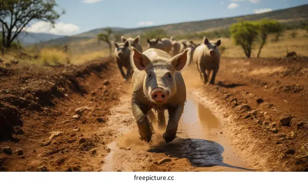A group of muddy pigs running in a muddy field