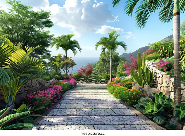 Stone Path through a Lush Tropical Garden Oasis