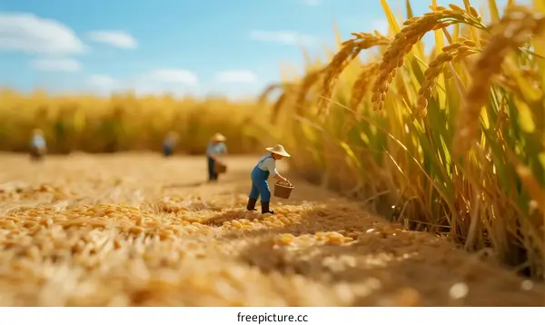 Miniature Farmers Working in Golden Rice Field Under Clear Sky