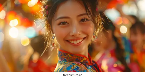 Portrait of a young Chinese woman in traditional dress smiling
