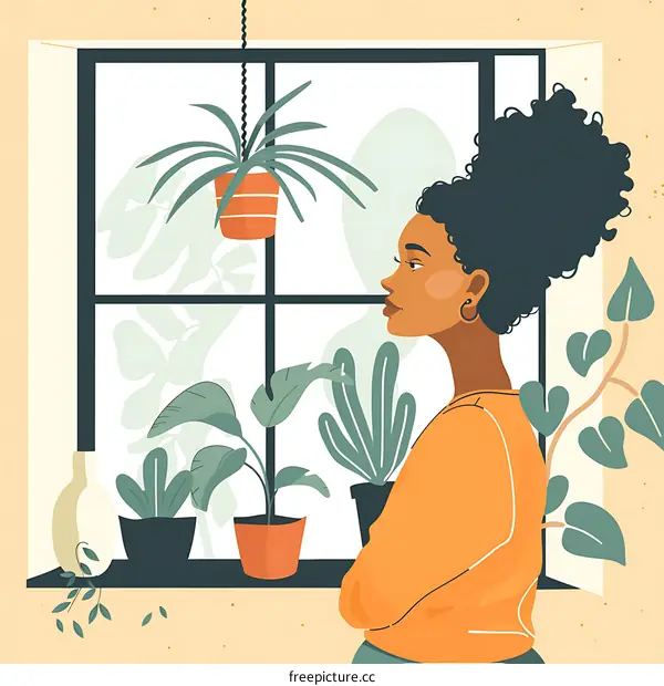 Woman Looking Out Window in Profile With Plants