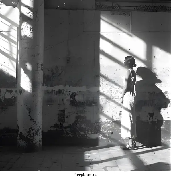 Woman Standing in Abandoned Building with Sunlight