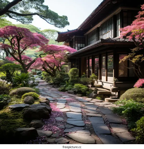 Japanese garden with a traditional house and cherry blossom trees