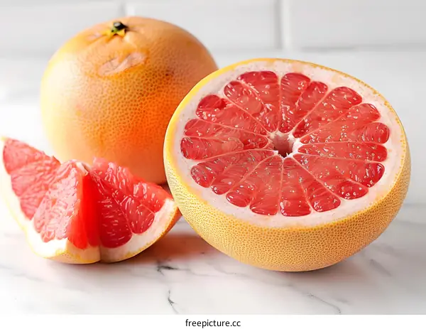 Freshly Cut Pink Grapefruit with White Marble Background