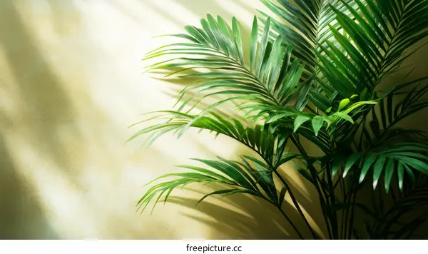 Sunlight filtering through palm leaves on a wall