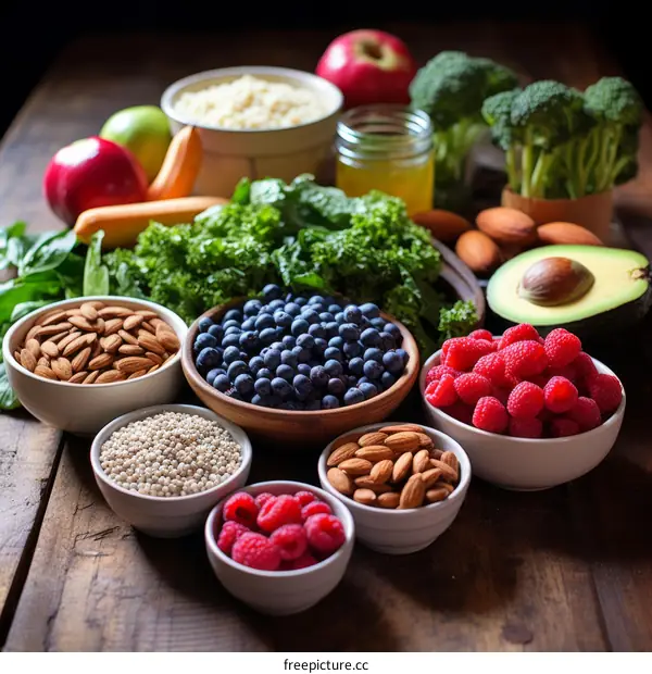 A variety of healthy food on a wooden table