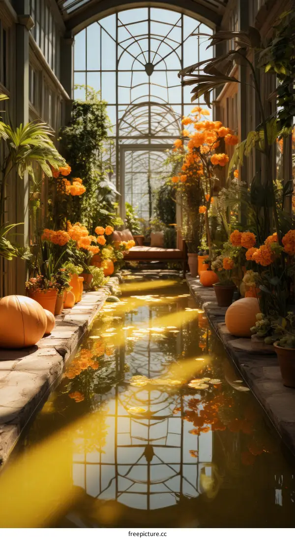Glasshouse with Orange Flowers and Pumpkins