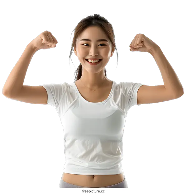 [Transparent Background PNG]Strong Asian Woman Flexing Muscles