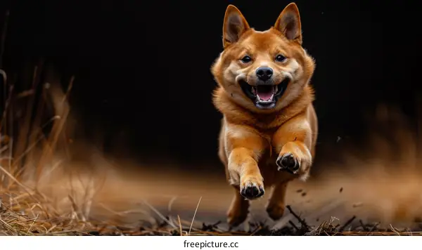 A happy Shiba Inu dog running in mid-stride