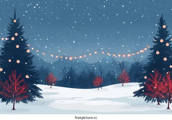 A Snowy Landscape with Christmas Trees and Lights