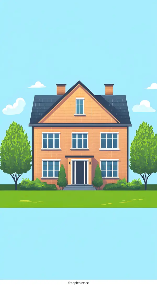 Beautiful Brick House with Green Grass and Trees