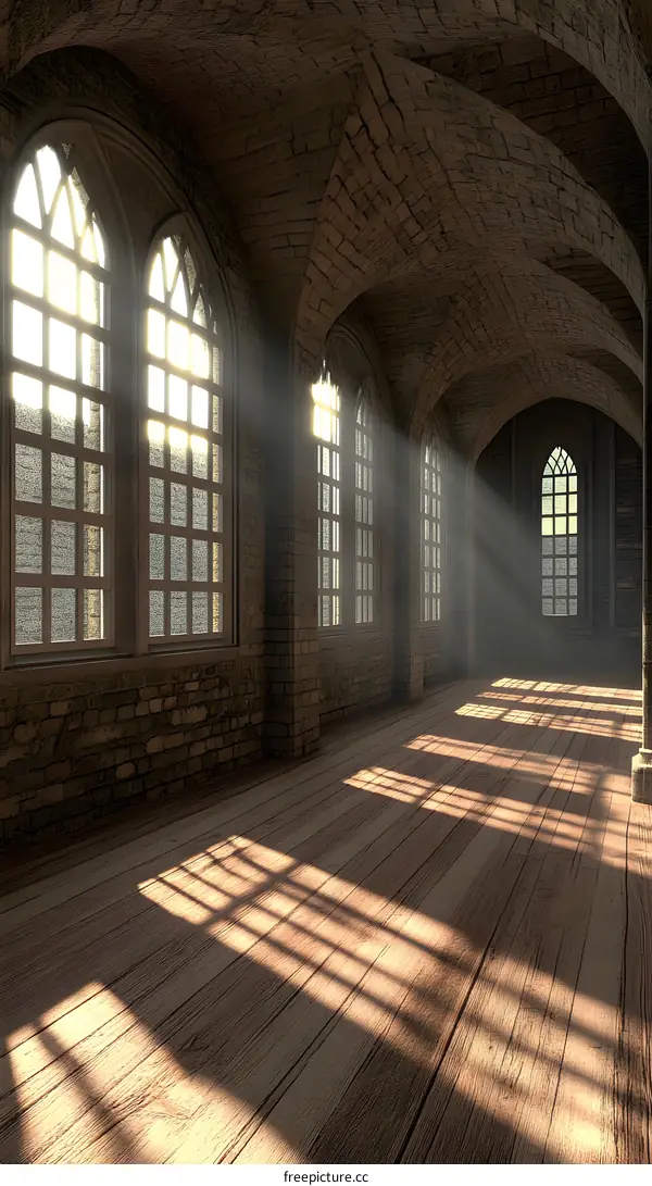 Sunlight Streaming Through Windows in Stone Hallway