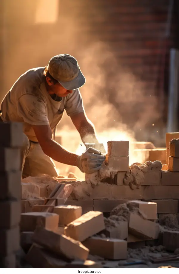 Construction worker laying bricks on a building site