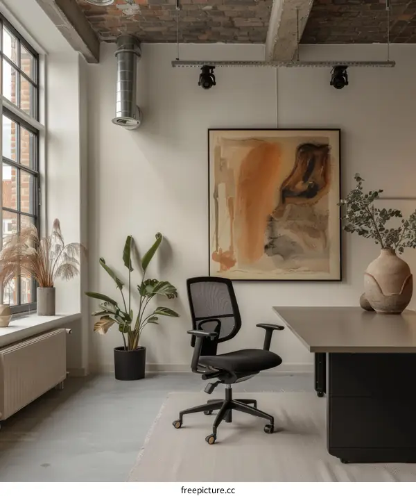 Minimalist home office with a large painting