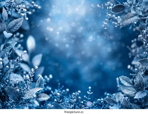 Winter Scenery with Frozen Leaves and Glimmering Bokeh Lights