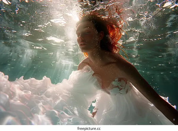A woman in a white dress is swimming underwater. Her red hair is flowing around her.