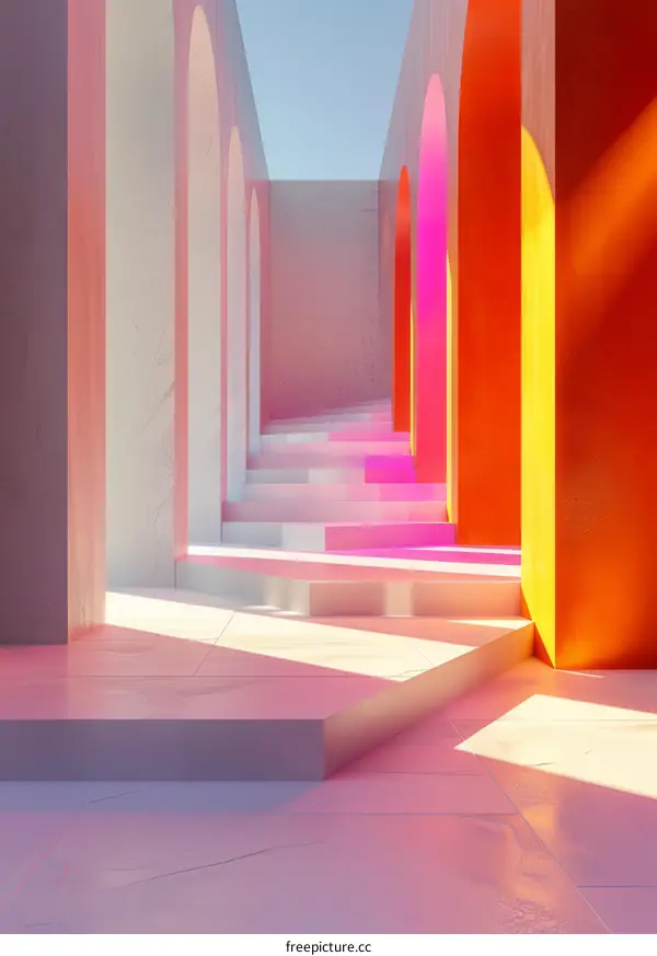 Abstract Pink and Orange 3D Archway with Stepped Platform