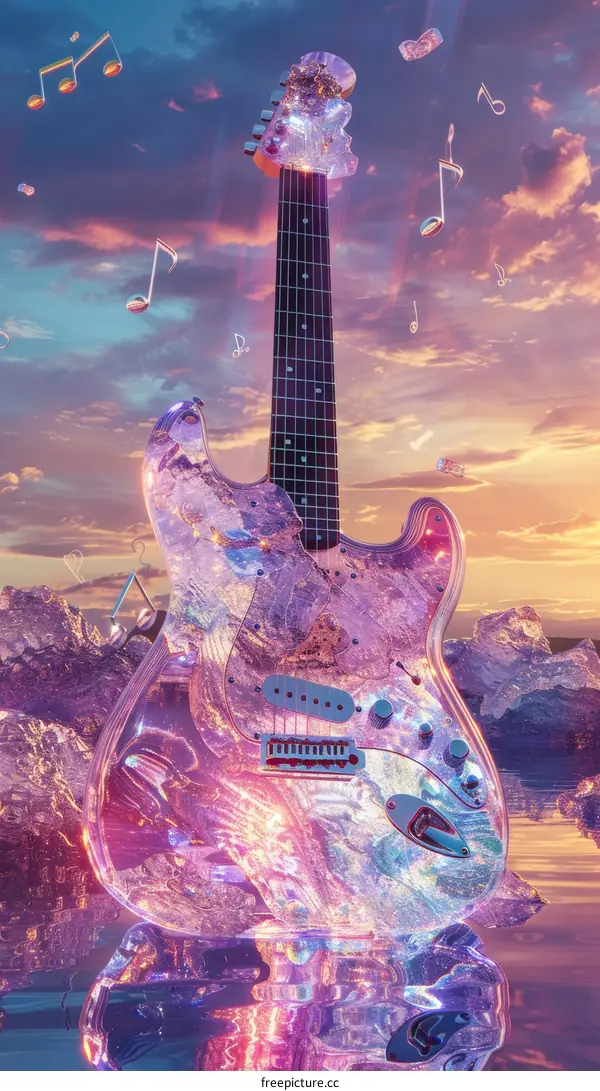 A Glass Guitar Sits on Ice with a Sunset in the Background