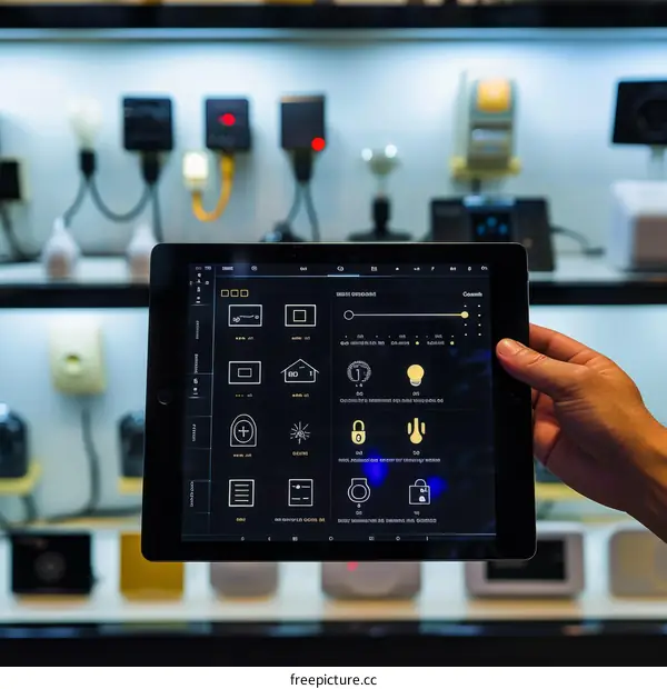 A hand holding a tablet controlling smart home devices