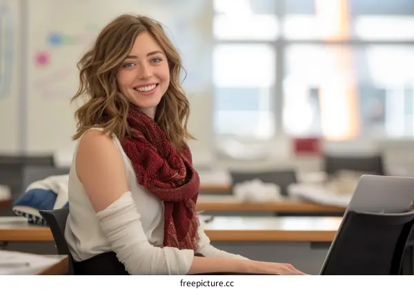 Confident young businesswoman sitting at her desk and smiling at the camera