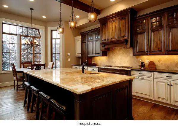 Luxury Kitchen Island with Granite Countertop and Wooden Cabinets