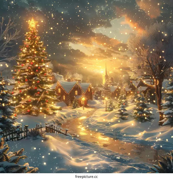 Snowy Village Scene with a Decorated Christmas Tree