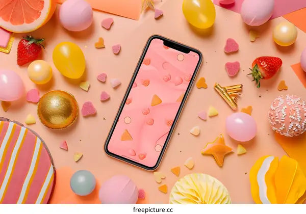 Colorful Candy and Smartphone on Peach Background