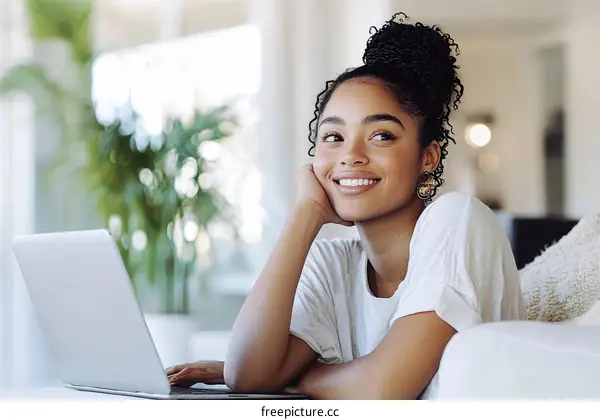 Young Woman Relaxing and Using Laptop