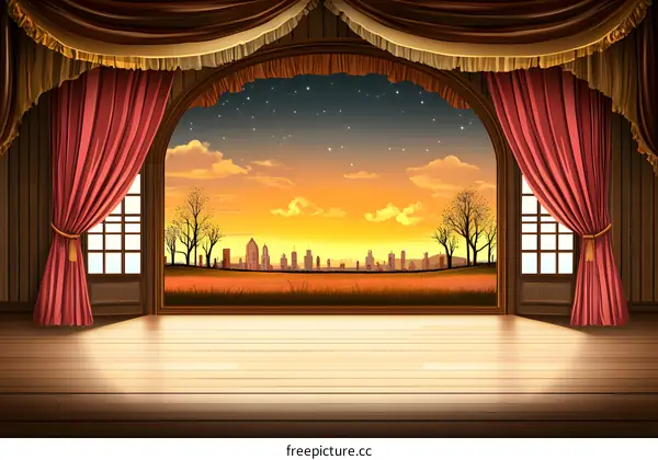 Red Curtains Open to a Cityscape Sunset