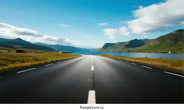 A long asphalt road stretching through scenic mountain and lake landscapes