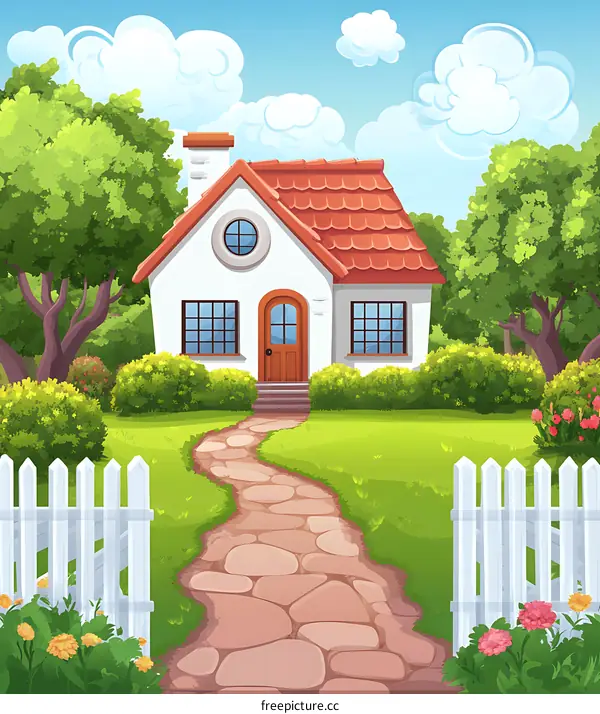 Cartoon Illustration of a House with a Stone Pathway and White Fence