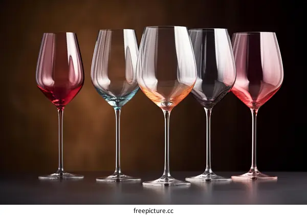 Five empty wine glasses of different colors