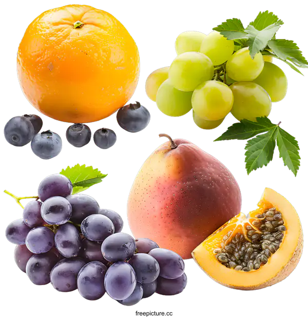 [Transparent Background PNG]Fresh Fruit Arrangement with Orange, Grapes, Papaya and Pears