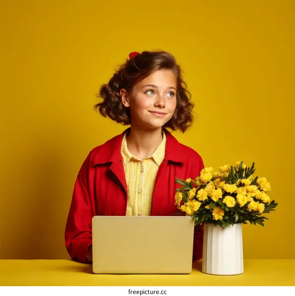 Teenage Girl with Yellow Flowers and Laptop