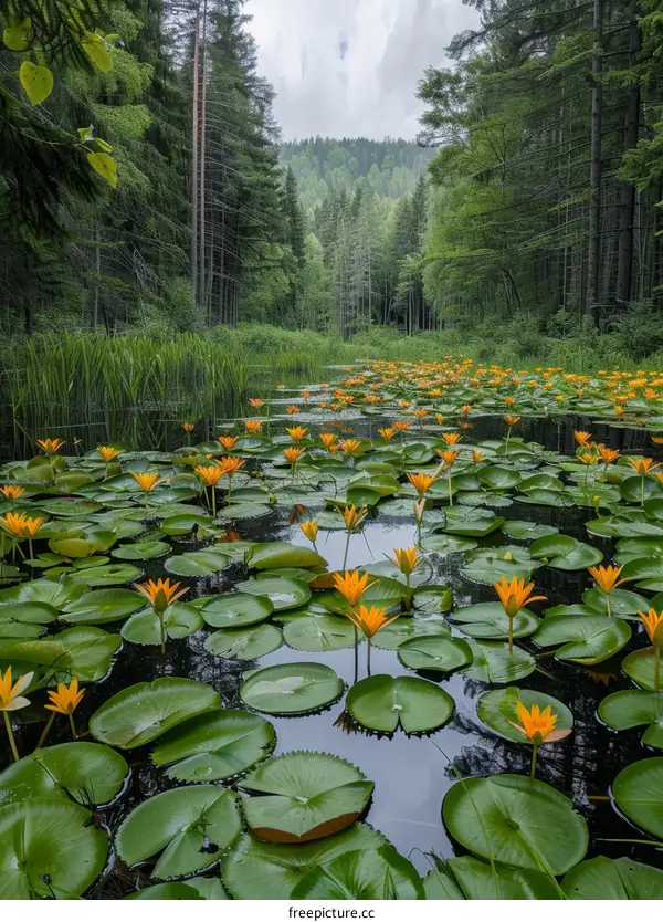 Serene Pond with Blooming Water Lilies in a Forest