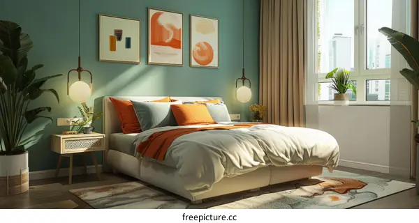 Modern bedroom interior design with green walls and orange accents