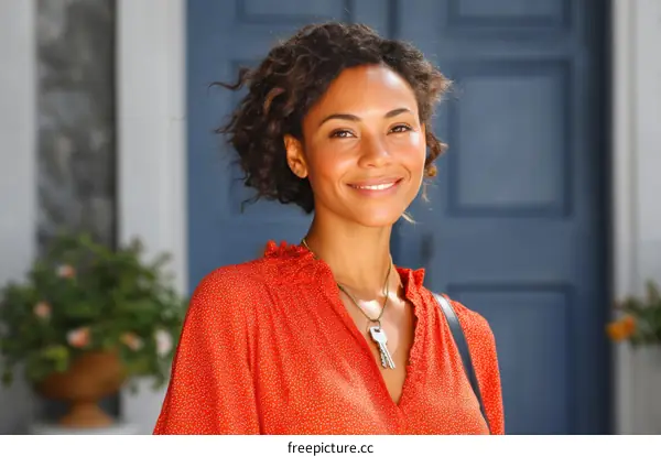 African American Woman Holding Keys at Home Entrance