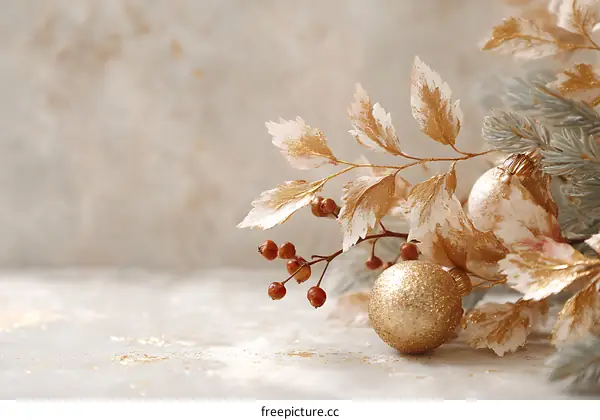 Golden Christmas Decorations on a Light Beige Background