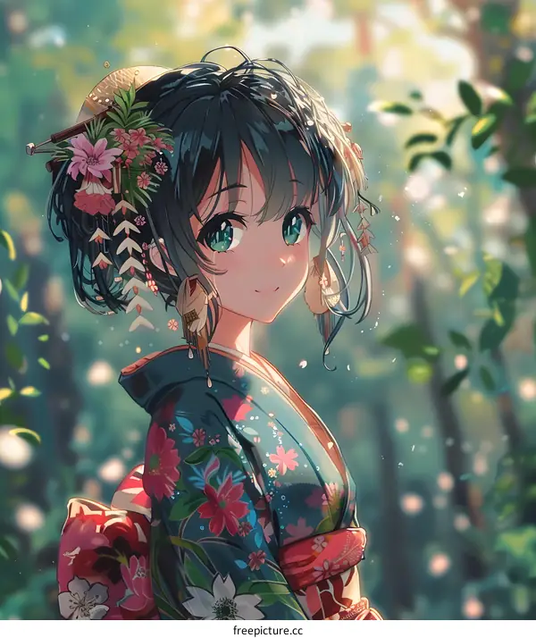 anime girl with blue eyes and black hair wearing a kimono in a forest