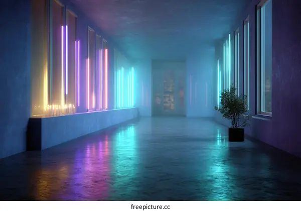 Neon Lit Corridor in Futuristic Building