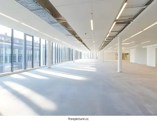 Empty Modern Office Space with Large Windows and White Walls