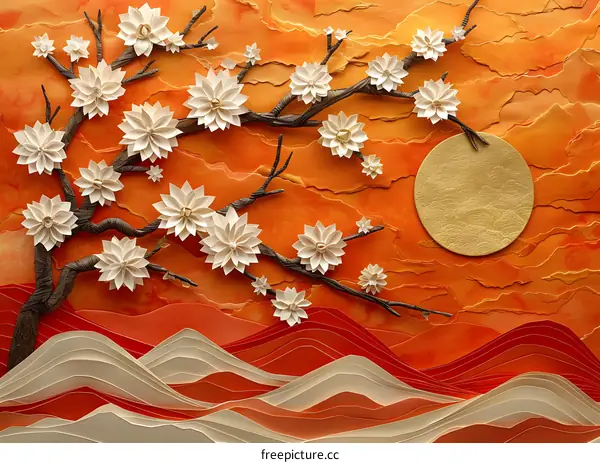 Paper Art Landscape With White Flowers and Golden Moon