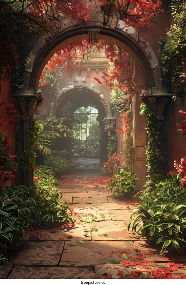 Stone archway in a lush garden