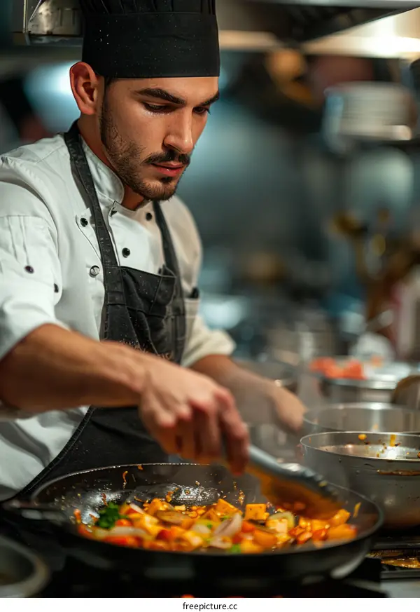 Focused male chef cooking food in a busy restaurant kitchen