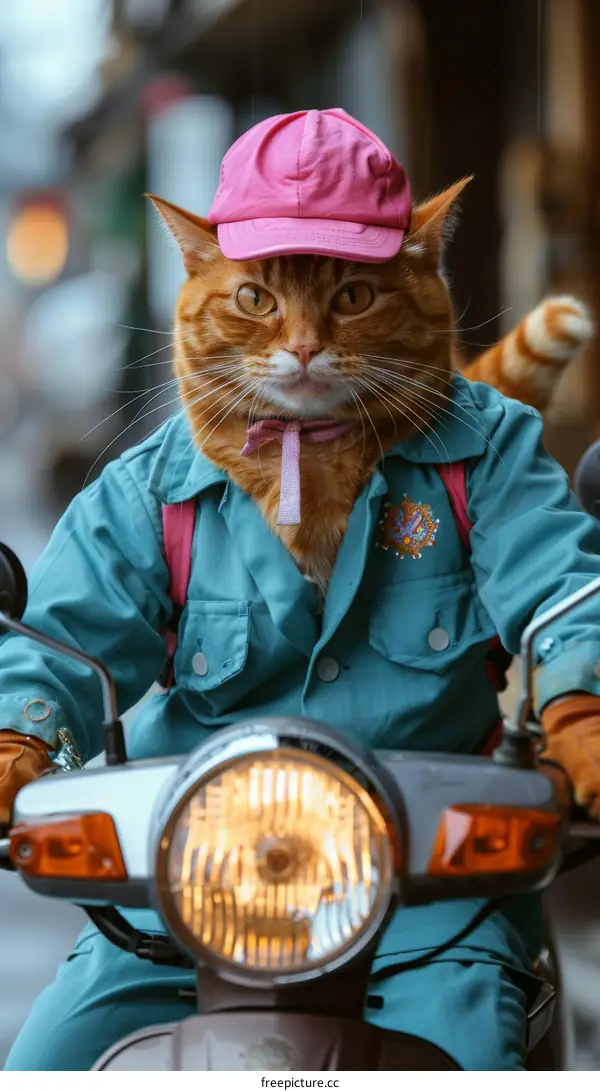 Cat wearing a hat and a pink bow tie rides a motorcycle