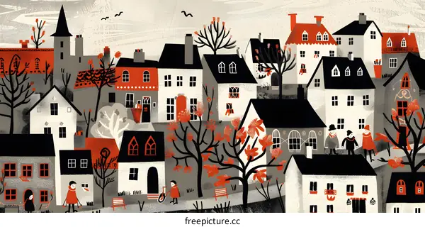 Charming Village Illustration With Red Roof Houses And People