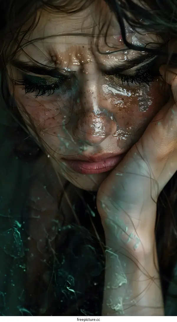 A close up portrait of a woman with water on her face