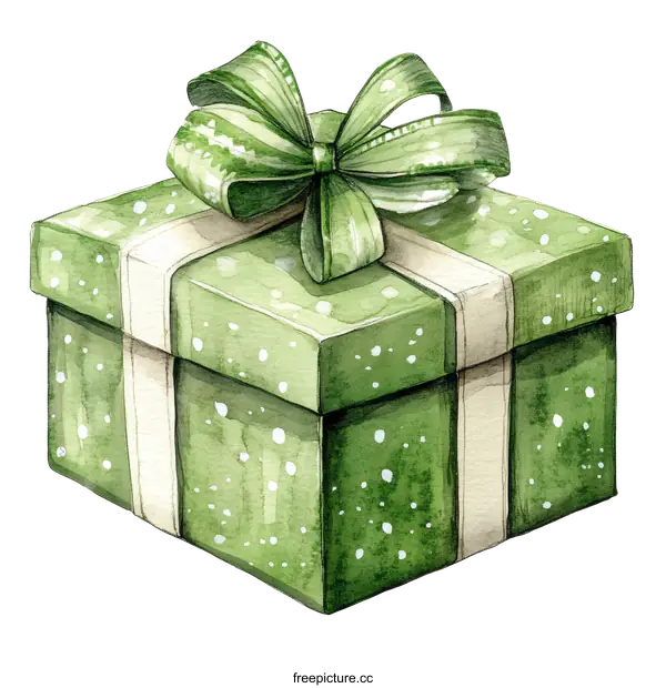 [Transparent Background PNG]Watercolor Illustration of a Green Gift Box