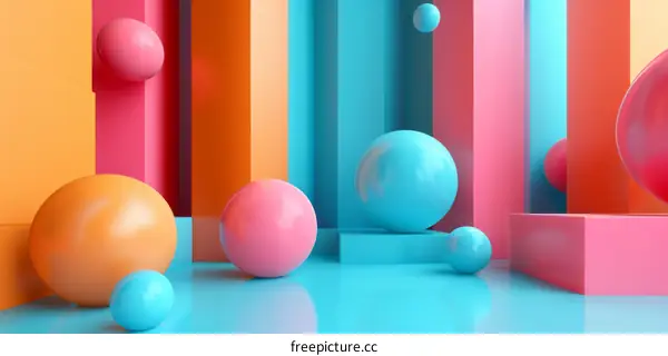 3D rendering of colorful balls in a geometric room
